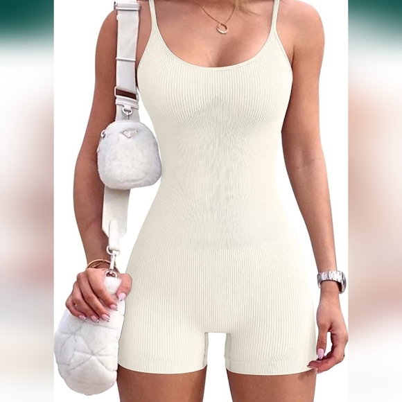 Women Workout Seamless Jumpsuit Yoga Ribbed Bodycon One Piece Spaghetti Strap - Picture 7 of 7